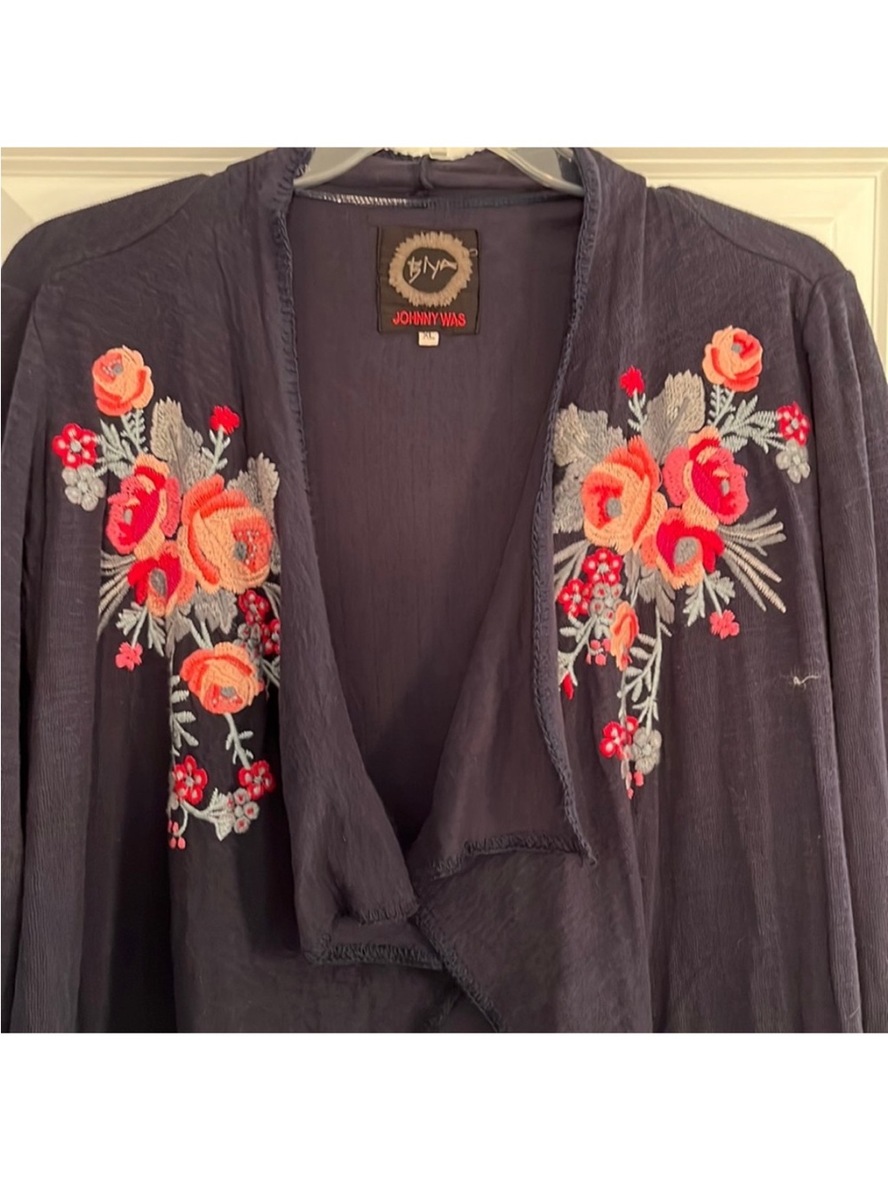Johnny Was Navy Floral Embroidered Open Front sweater